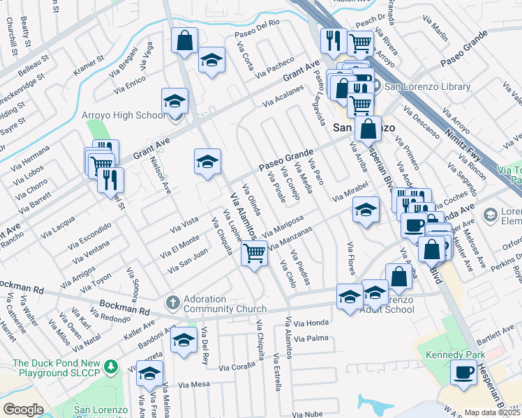 map of restaurants, bars, coffee shops, grocery stores, and more near 16090 Via Olinda in San Lorenzo