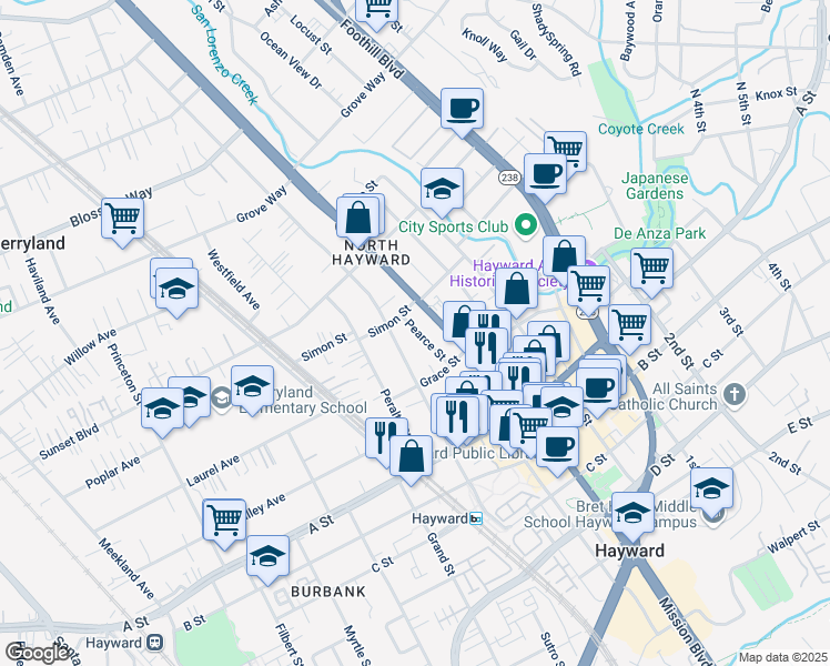 map of restaurants, bars, coffee shops, grocery stores, and more near 22229 Pearce Street in Hayward