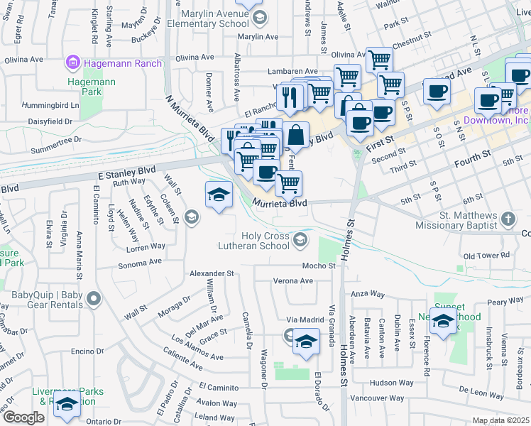 map of restaurants, bars, coffee shops, grocery stores, and more near 975 Murrieta Boulevard in Livermore