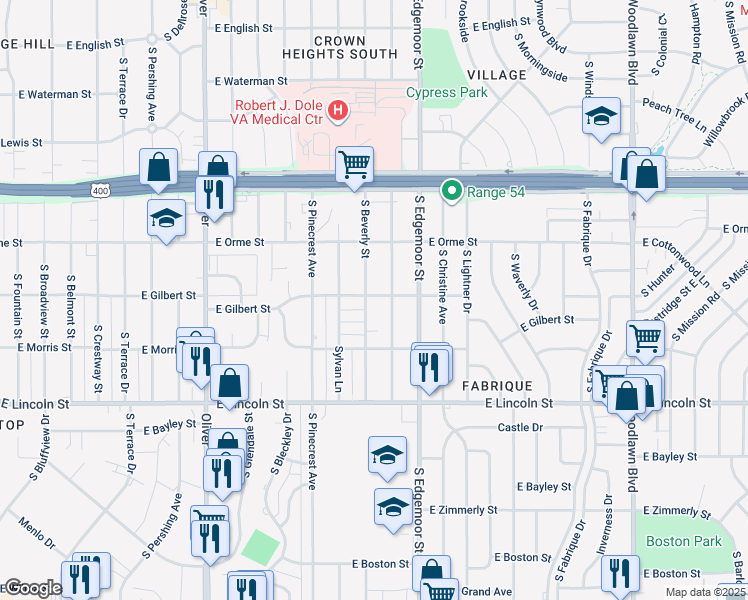 map of restaurants, bars, coffee shops, grocery stores, and more near 700 South Beverly Street in Wichita