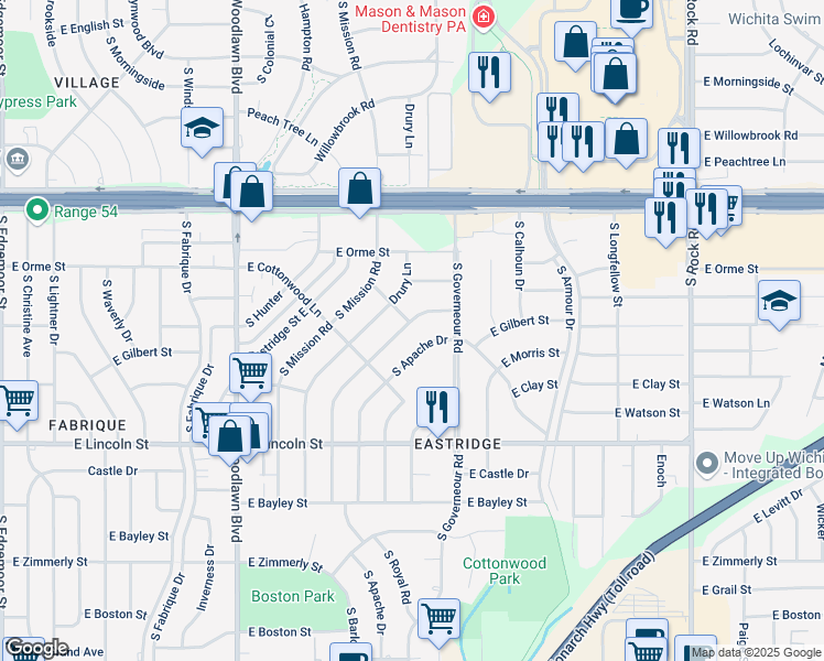 map of restaurants, bars, coffee shops, grocery stores, and more near 634 Barlow Street in Wichita