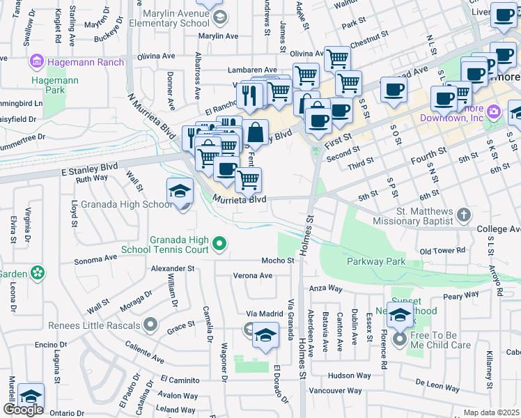 map of restaurants, bars, coffee shops, grocery stores, and more near 1001 Murrieta Boulevard in Livermore