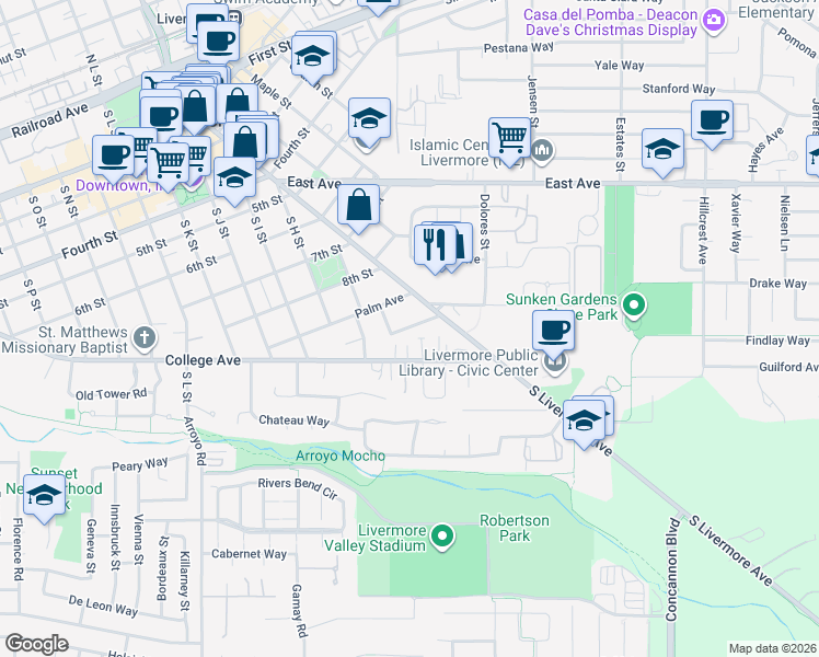 map of restaurants, bars, coffee shops, grocery stores, and more near Carmen Avenue in Livermore