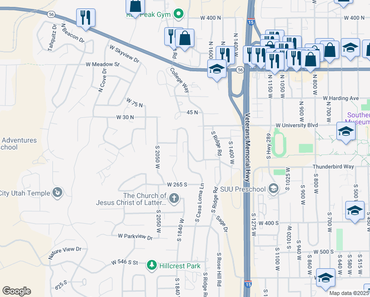 map of restaurants, bars, coffee shops, grocery stores, and more near 114 South Juniper Drive in Cedar City