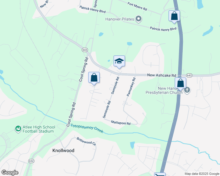 map of restaurants, bars, coffee shops, grocery stores, and more near 10071 Seminole Road in Mechanicsville