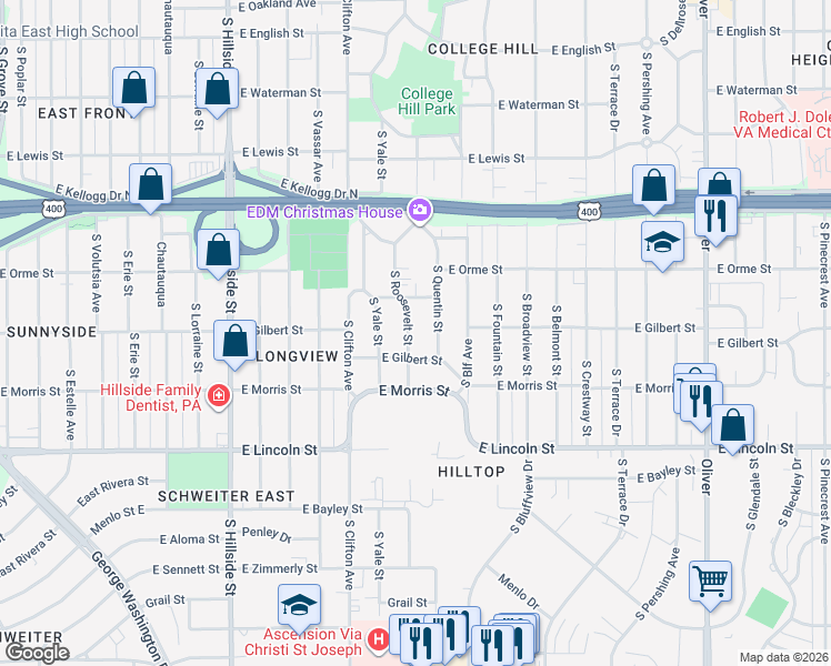 map of restaurants, bars, coffee shops, grocery stores, and more near 638 South Roosevelt Street in Wichita