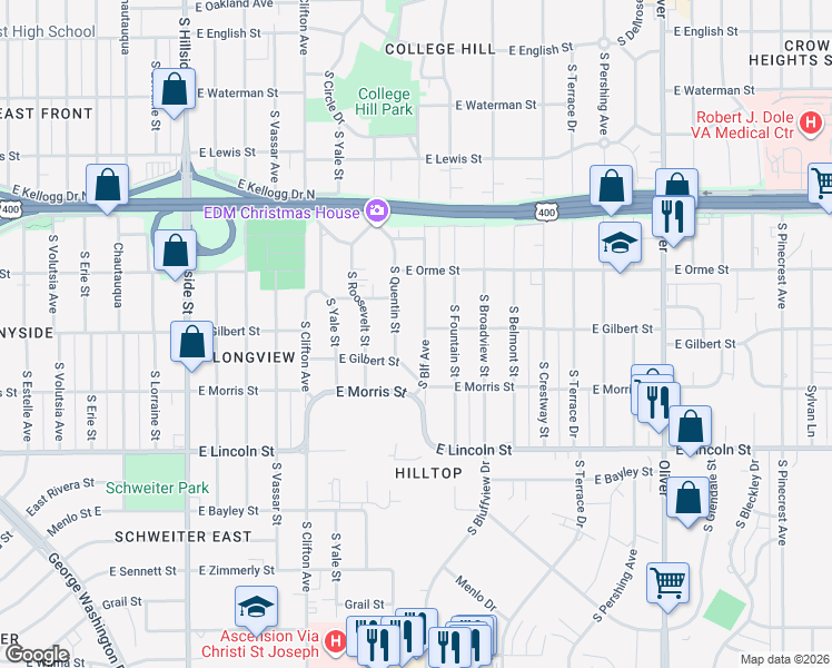map of restaurants, bars, coffee shops, grocery stores, and more near 701 South Bluff Street in Wichita