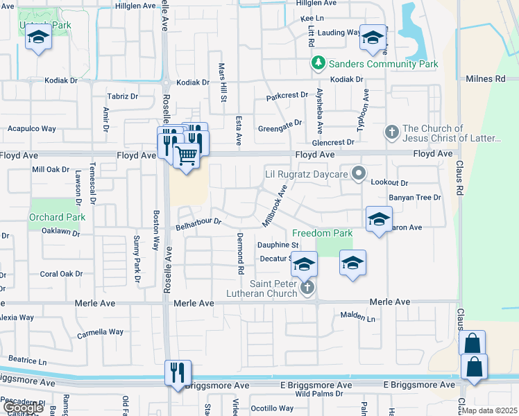 map of restaurants, bars, coffee shops, grocery stores, and more near 3304 Montelena Court in Modesto