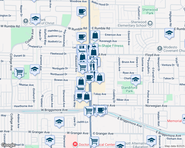 map of restaurants, bars, coffee shops, grocery stores, and more near 115 Mark Randy Place in Modesto