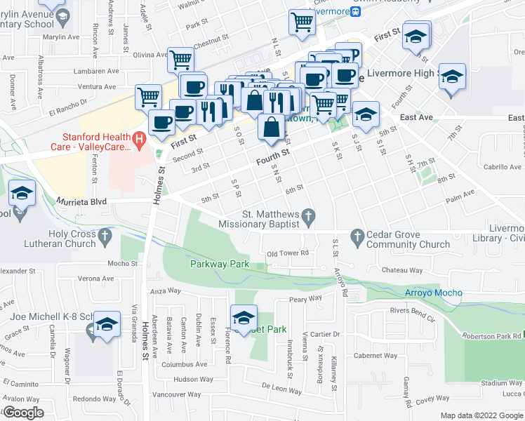 map of restaurants, bars, coffee shops, grocery stores, and more near 643 South O Street in Livermore