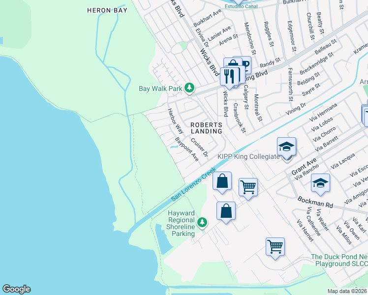 map of restaurants, bars, coffee shops, grocery stores, and more near 15619 Baypoint Avenue in San Leandro