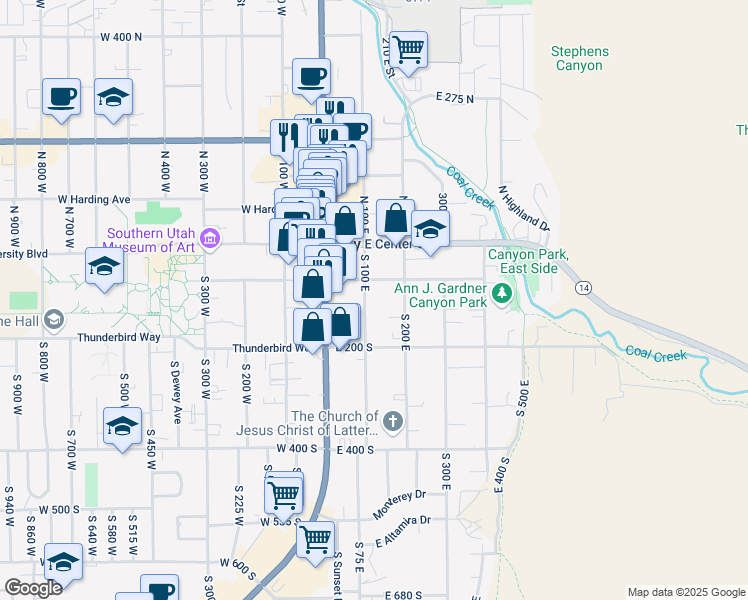 map of restaurants, bars, coffee shops, grocery stores, and more near 109 South 100 East in Cedar City