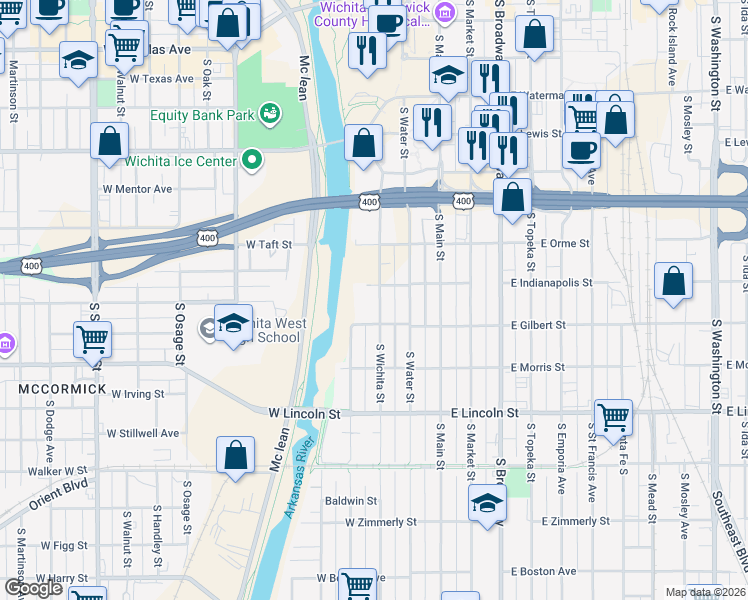 map of restaurants, bars, coffee shops, grocery stores, and more near 921 South Wichita Street in Wichita