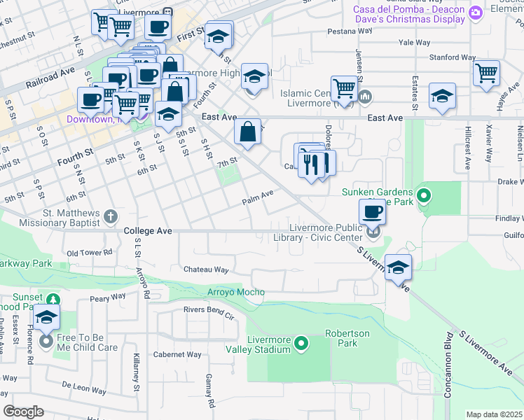 map of restaurants, bars, coffee shops, grocery stores, and more near 941 Acacia Way in Livermore