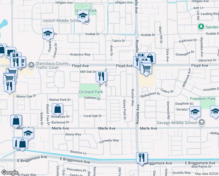 map of restaurants, bars, coffee shops, grocery stores, and more near 2221 Sunmist Lane in Modesto