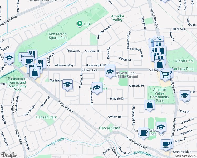 map of restaurants, bars, coffee shops, grocery stores, and more near 5151 Northway Road in Pleasanton