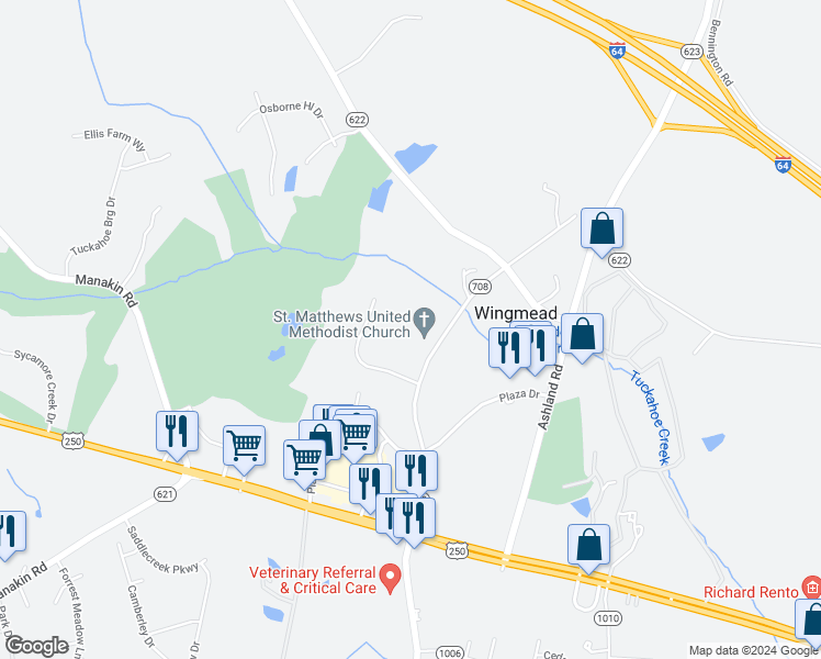 map of restaurants, bars, coffee shops, grocery stores, and more near 16 Little Falls Lane in Rockville