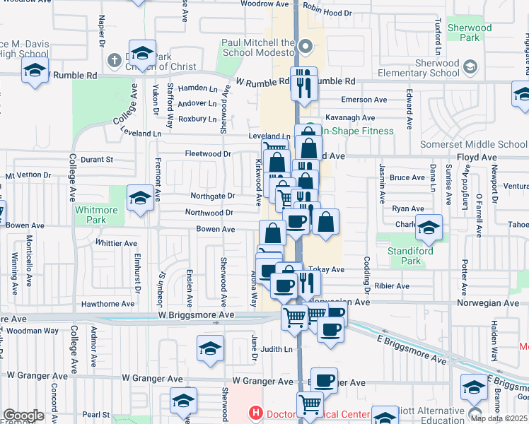 map of restaurants, bars, coffee shops, grocery stores, and more near 2302 Kirkwood Avenue in Modesto