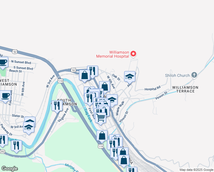 map of restaurants, bars, coffee shops, grocery stores, and more near 146 West 5th Avenue in Williamson
