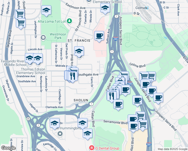 map of restaurants, bars, coffee shops, grocery stores, and more near 1502 Southgate Avenue in Daly City