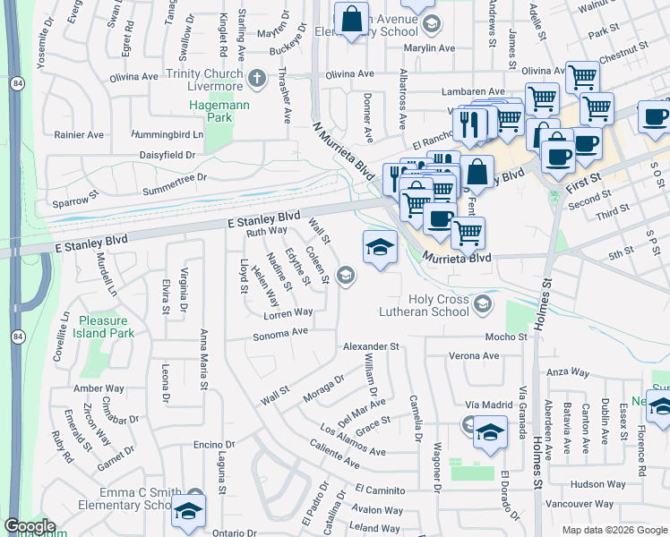 map of restaurants, bars, coffee shops, grocery stores, and more near 315 Wall Street in Livermore