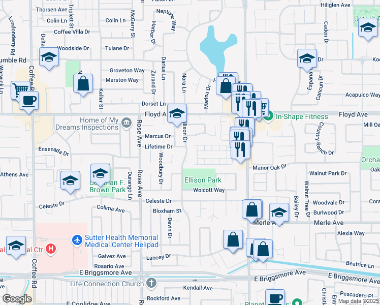 map of restaurants, bars, coffee shops, grocery stores, and more near 2212 Ellison Drive in Modesto