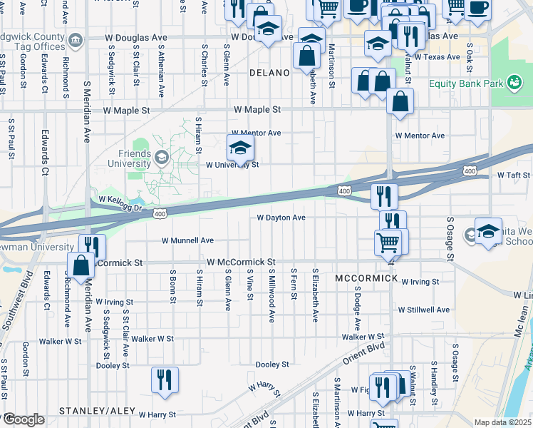 map of restaurants, bars, coffee shops, grocery stores, and more near 1704 South Millwood Avenue in Wichita