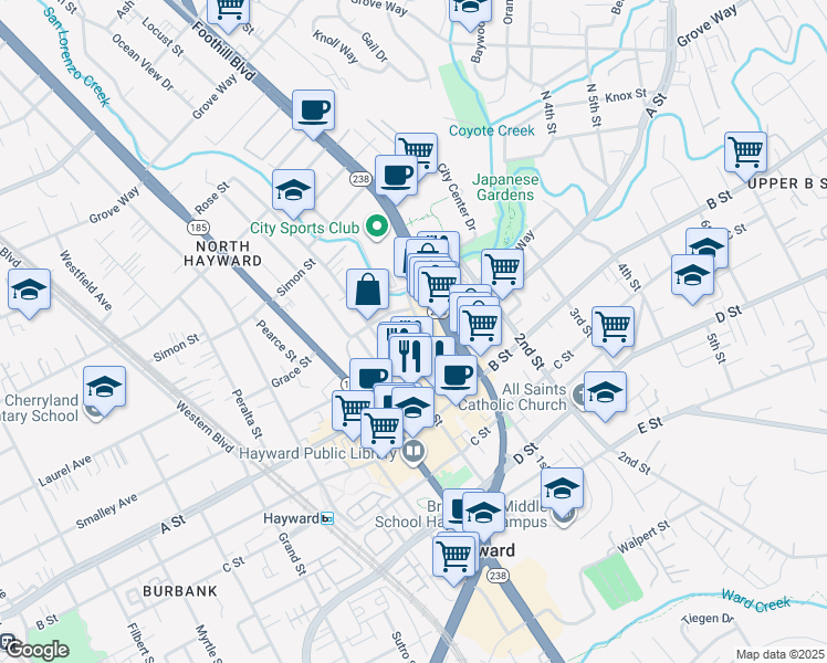 map of restaurants, bars, coffee shops, grocery stores, and more near 22471 Maple Court in Hayward