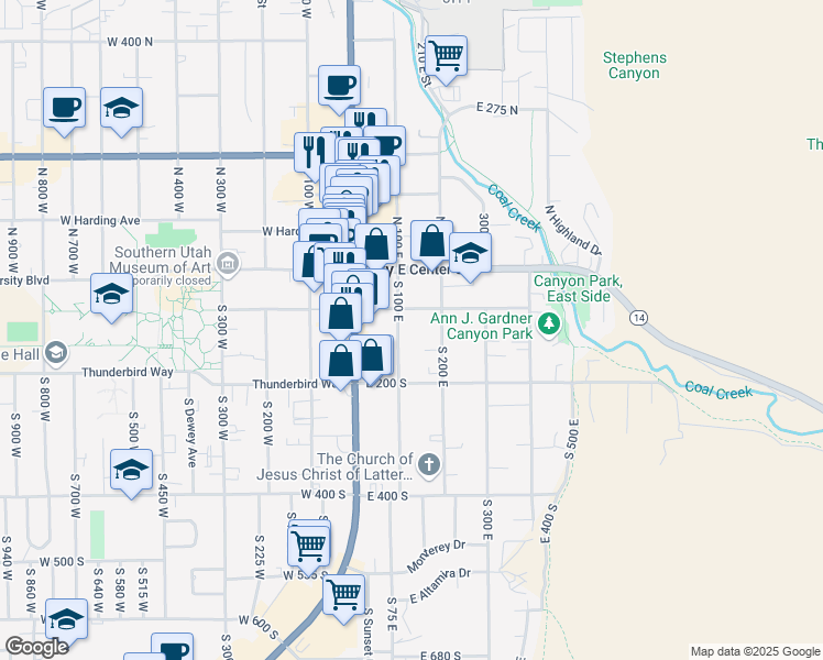 map of restaurants, bars, coffee shops, grocery stores, and more near 109 South 100 East in Cedar City