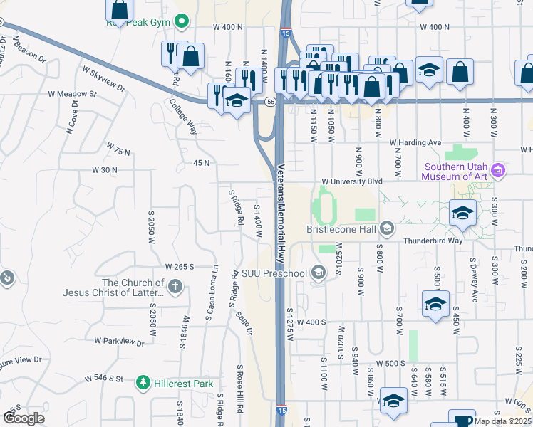 map of restaurants, bars, coffee shops, grocery stores, and more near 111 South 1400 West in Cedar City
