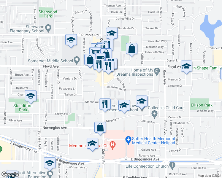 map of restaurants, bars, coffee shops, grocery stores, and more near 1304 Ensenada Drive in Modesto