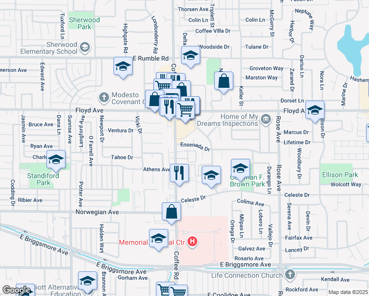 map of restaurants, bars, coffee shops, grocery stores, and more near 1304 Ensenada Drive in Modesto