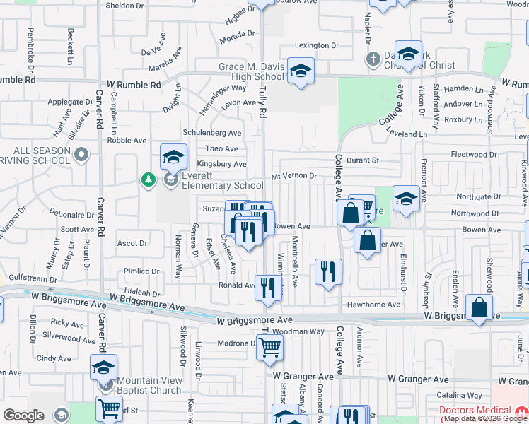 map of restaurants, bars, coffee shops, grocery stores, and more near 2212 Tully Road in Modesto