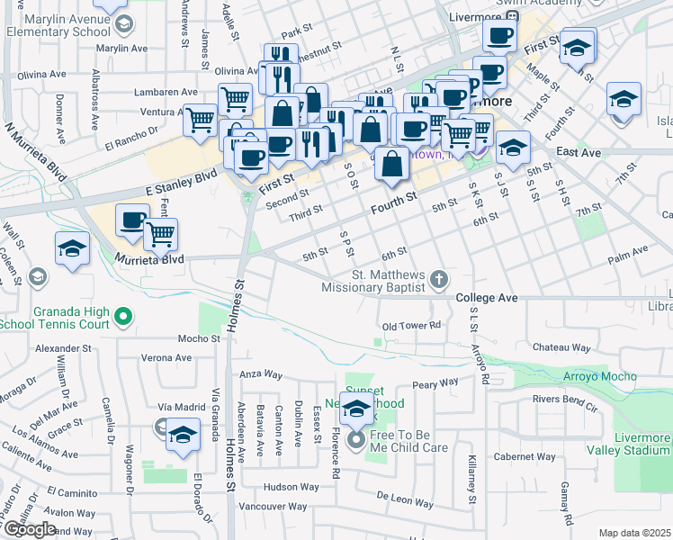 map of restaurants, bars, coffee shops, grocery stores, and more near 557 South Q Street in Livermore