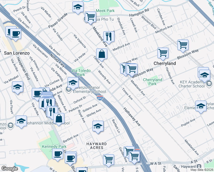 map of restaurants, bars, coffee shops, grocery stores, and more near 19670 Hathaway Avenue in Hayward