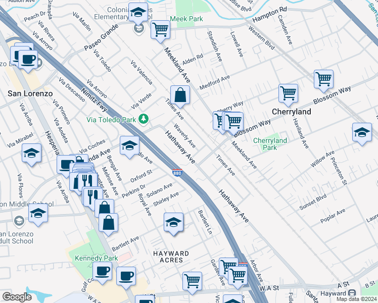 map of restaurants, bars, coffee shops, grocery stores, and more near 19670 Hathaway Avenue in Hayward