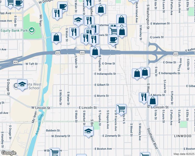 map of restaurants, bars, coffee shops, grocery stores, and more near 910 South Broadway in Wichita