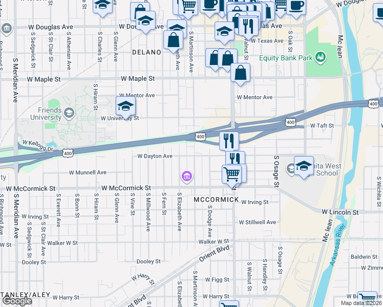 map of restaurants, bars, coffee shops, grocery stores, and more near 728 South Martinson Street in Wichita