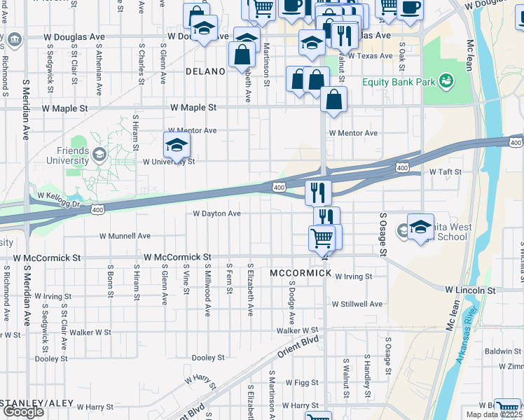 map of restaurants, bars, coffee shops, grocery stores, and more near 728 South Martinson Street in Wichita
