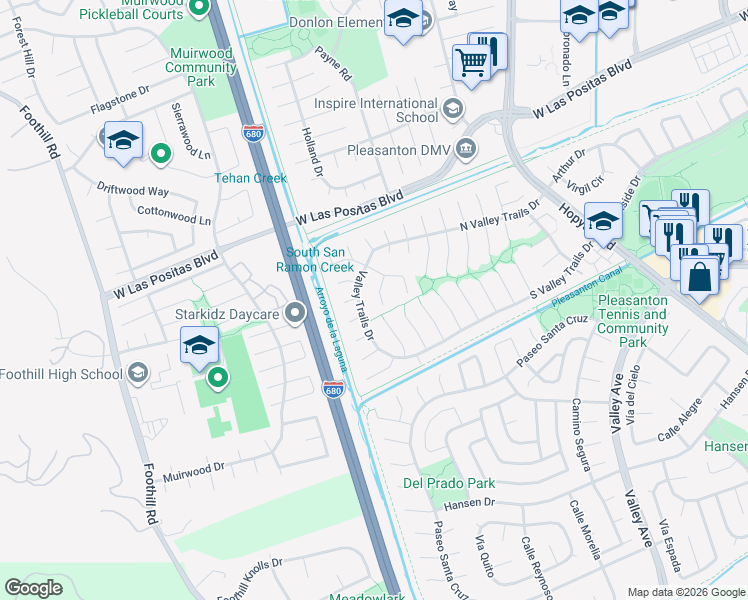 map of restaurants, bars, coffee shops, grocery stores, and more near 3664 Chesapeake Bay Court in Pleasanton