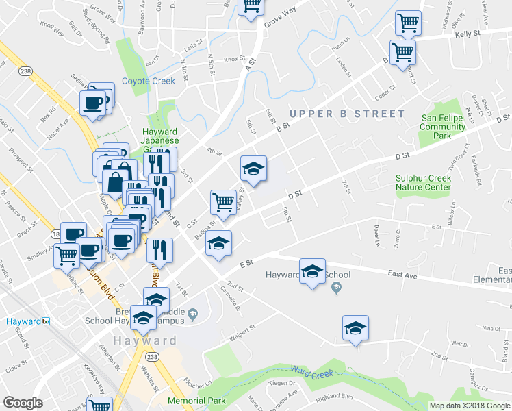 map of restaurants, bars, coffee shops, grocery stores, and more near 22774 4th Street in Hayward