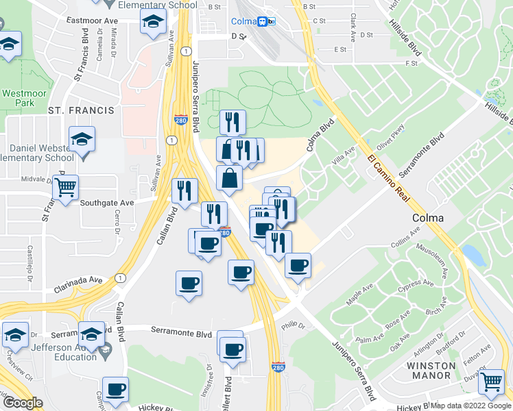 map of restaurants, bars, coffee shops, grocery stores, and more near 18 in Colma