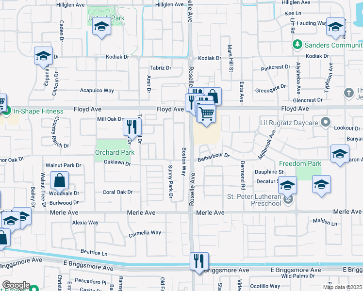 map of restaurants, bars, coffee shops, grocery stores, and more near 2301 Boston Way in Modesto