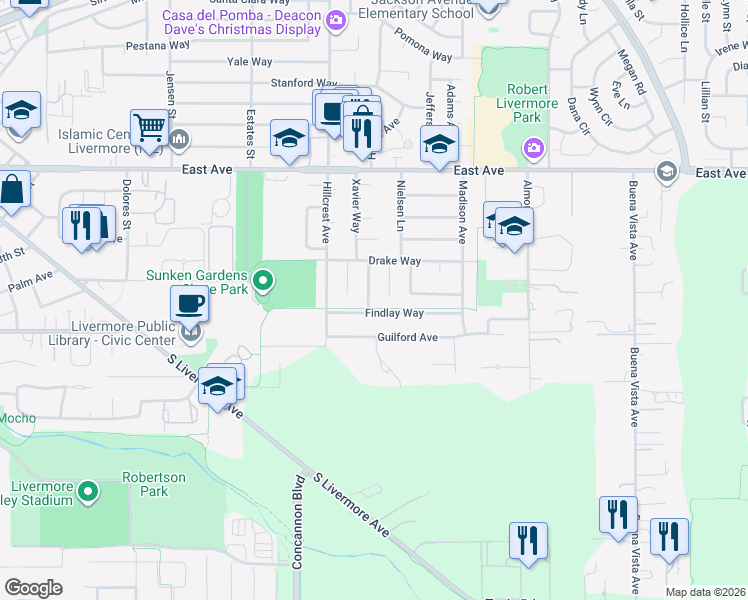 map of restaurants, bars, coffee shops, grocery stores, and more near 1362 Saint Mary Drive in Livermore