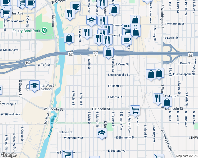 map of restaurants, bars, coffee shops, grocery stores, and more near 920 South Market Street in Wichita