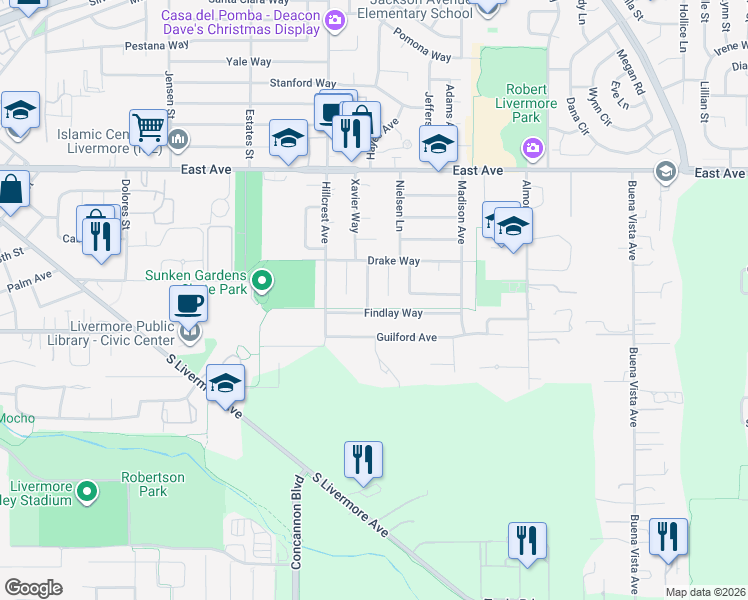 map of restaurants, bars, coffee shops, grocery stores, and more near 1362 Saint Mary Drive in Livermore