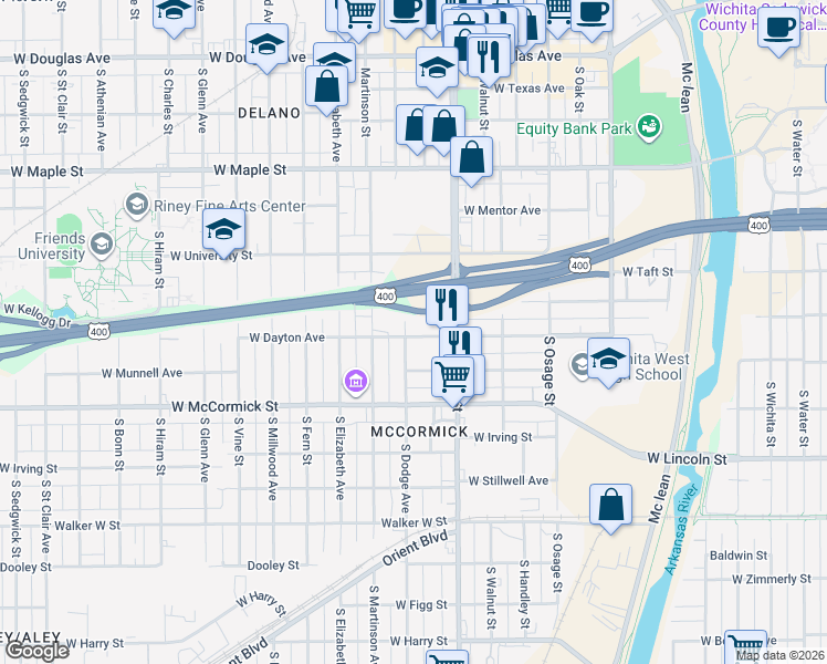 map of restaurants, bars, coffee shops, grocery stores, and more near 1140 Dayton Street in Wichita