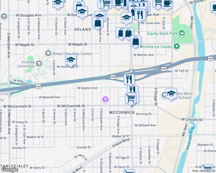 map of restaurants, bars, coffee shops, grocery stores, and more near 728 South Martinson Street in Wichita