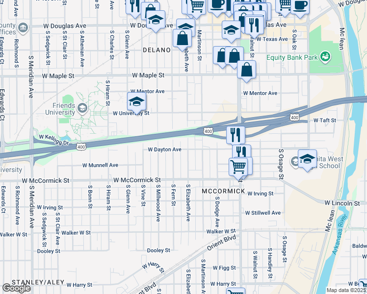 map of restaurants, bars, coffee shops, grocery stores, and more near 735 S Elizabeth St in Wichita