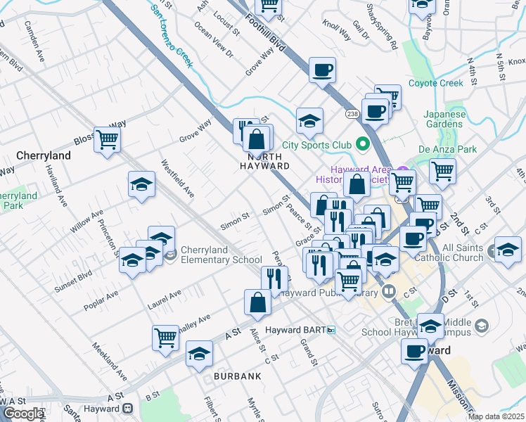map of restaurants, bars, coffee shops, grocery stores, and more near 638 Simon St in Hayward